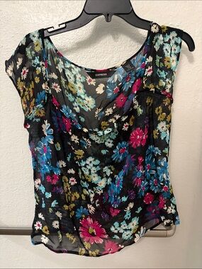 Express Black Floral Cap-Sleeve Blouse with Teal & Pink Accents